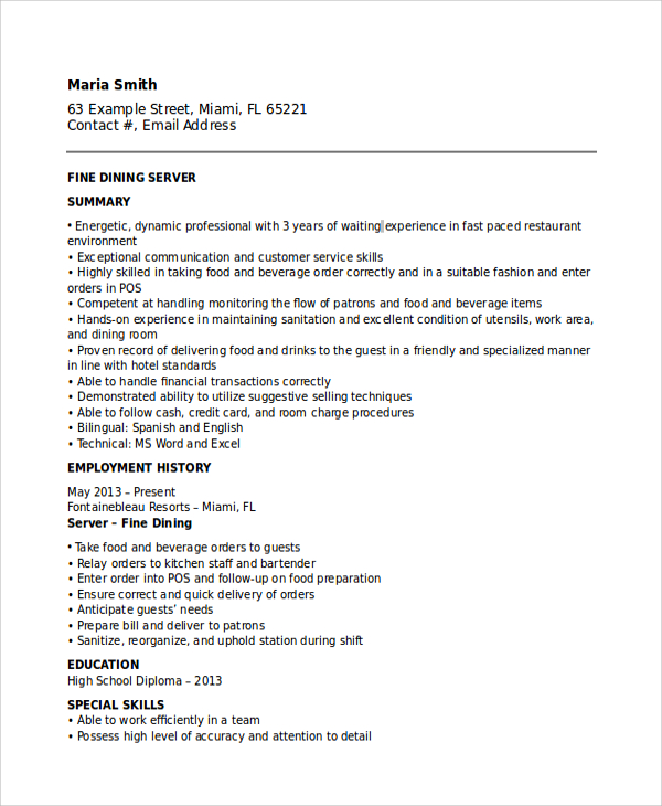 FREE 6+ Waitress Resume Samples in PDF | MS Word