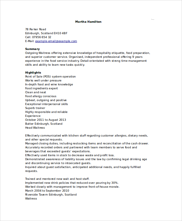 good format vitae a curriculum Examples, Samples, Waitress Resume 6 Templates