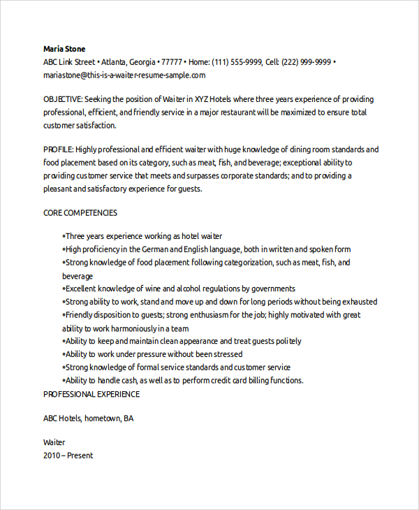 Waitress Resume Template Free Waitress Resume Template Free