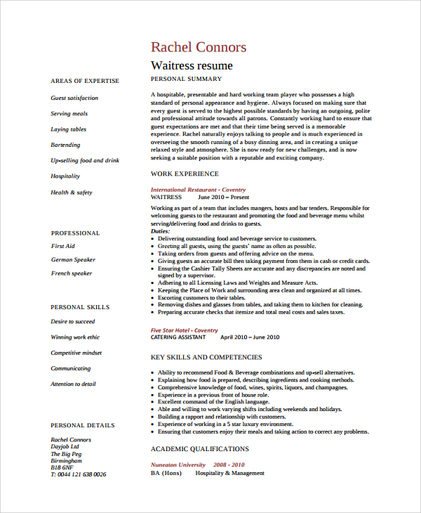 waitress resume example