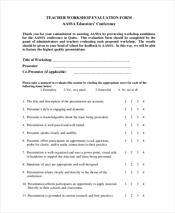 teacher workshop evaluation form