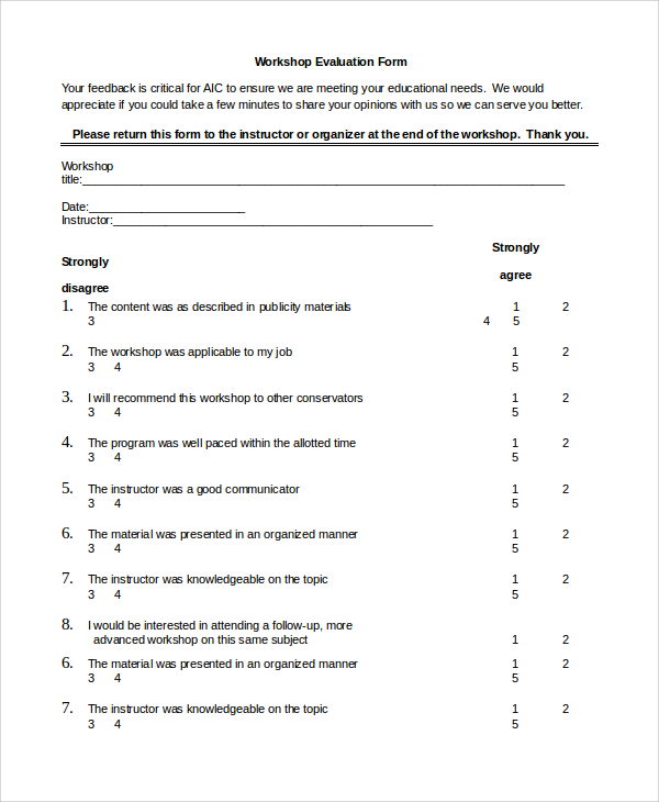 sample workshop evaluation form template