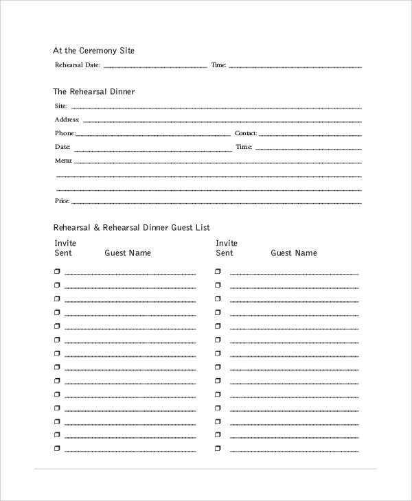 Wedding Party List Template