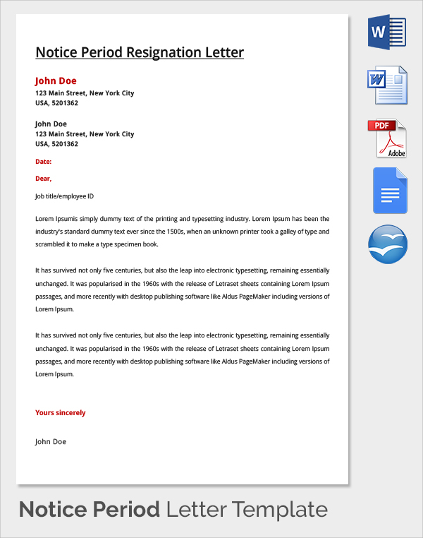 Free Sample Notice Period Resignation Letter Templates In Pdf