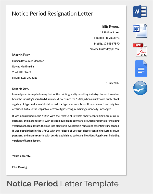 sample notice period resignation letter