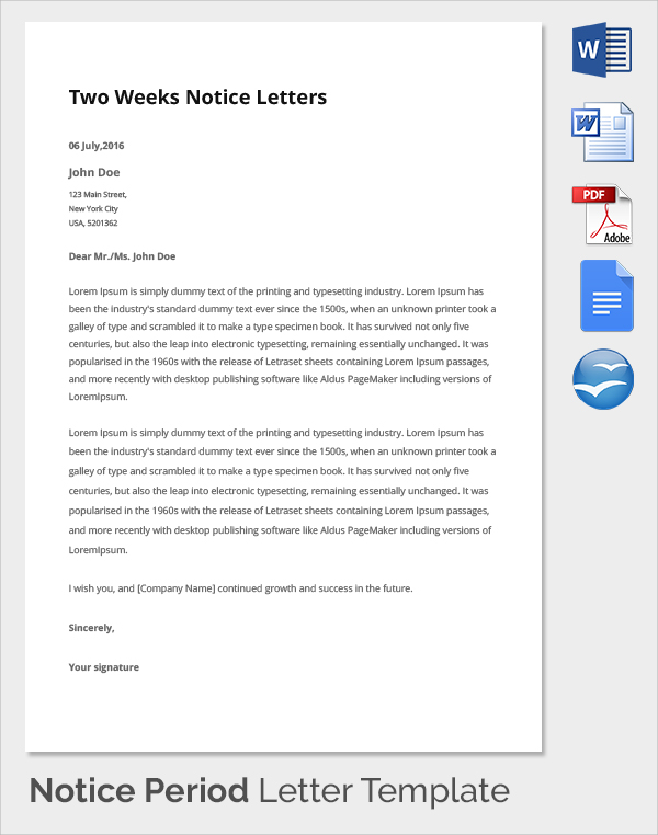 two weeks notice period resignation letter