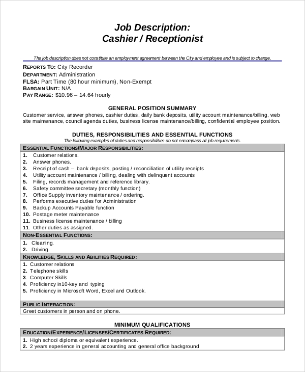 FREE 7 Sample Cashier Job Dutie Templates In MS Word PDF