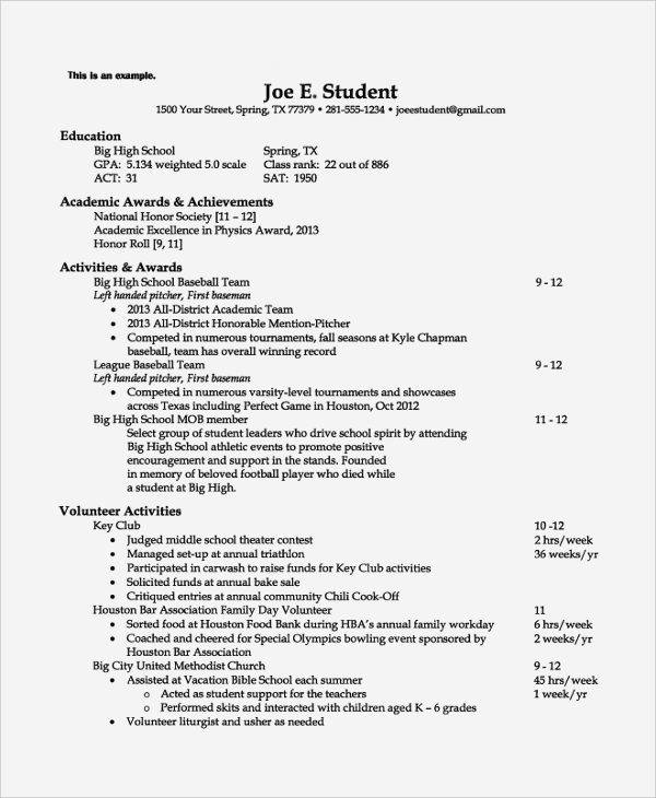 High school student college admission resume