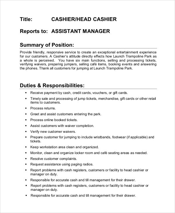 Cashier Job Duties Description Resume Template Database