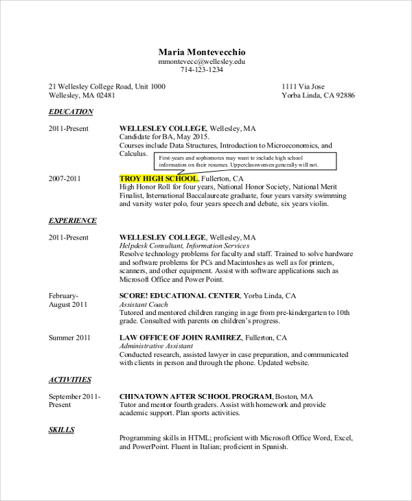 college first year student resume