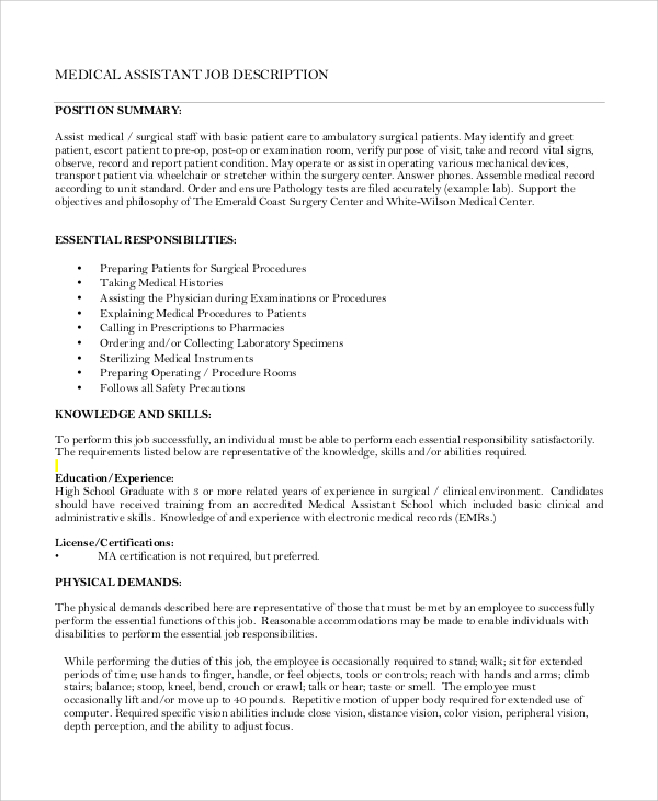 Medical Administrative Assistant Job Description 10 Medical 