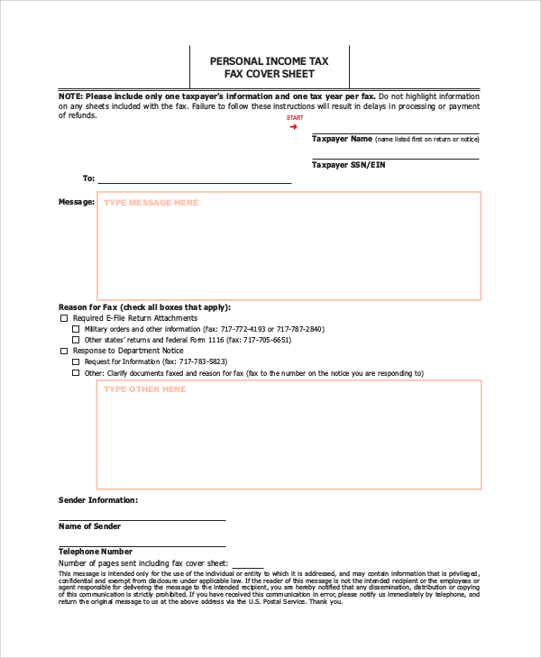 personal income tax confidential fax cover sheet