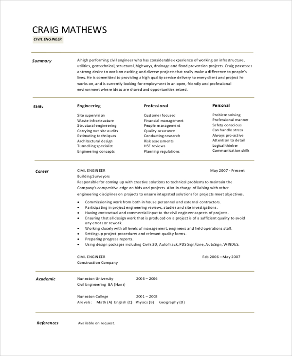 Free 7 Sample Engineering Cv Templates In Pdf Ms Word