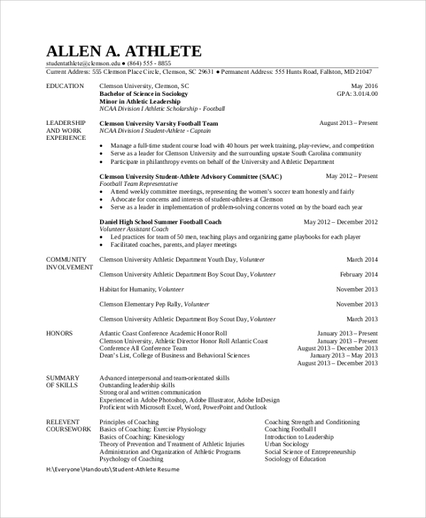 athlete student resume