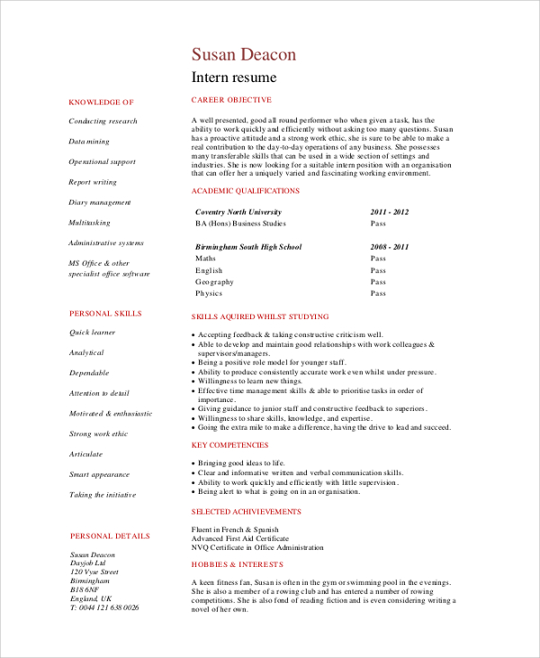 student internship resume