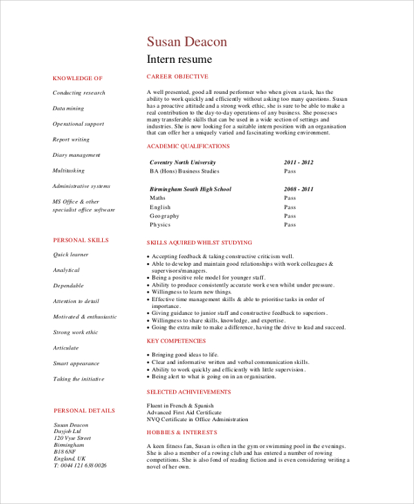 8+ Sample Student Resumes  Sample Templates