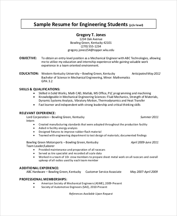FREE 8+ Sample Student Resume Templates in PDF MS Word Excel