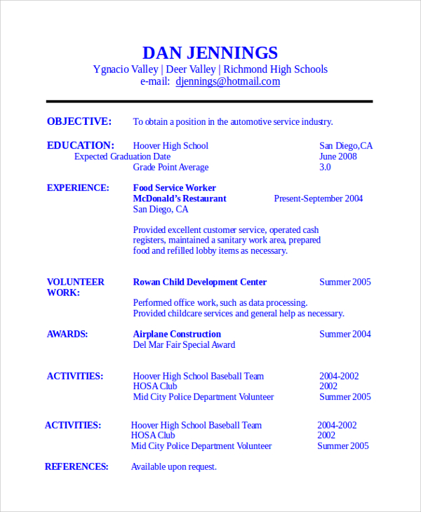 free resume templates for high school students