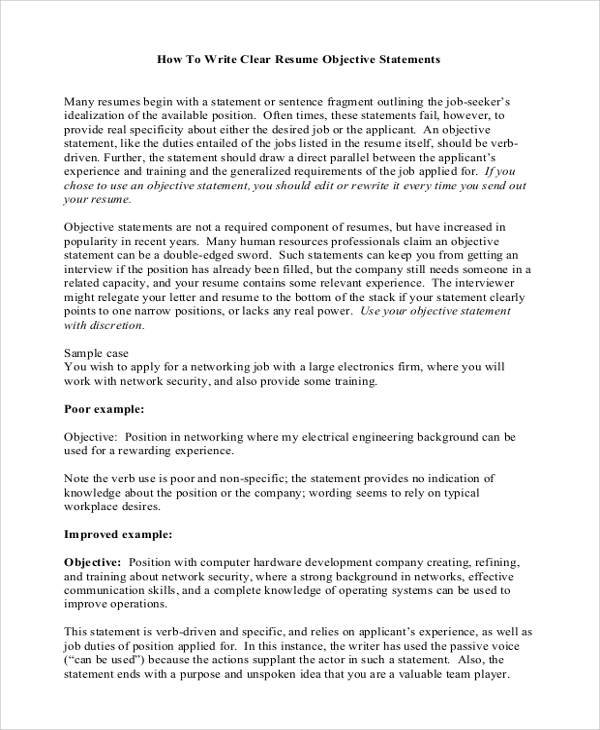 sample resume objective statement