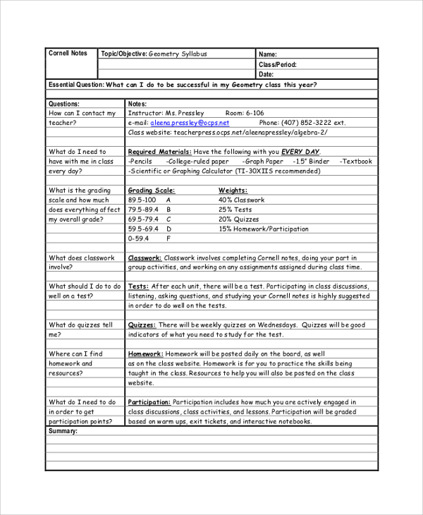 cornell notes example math