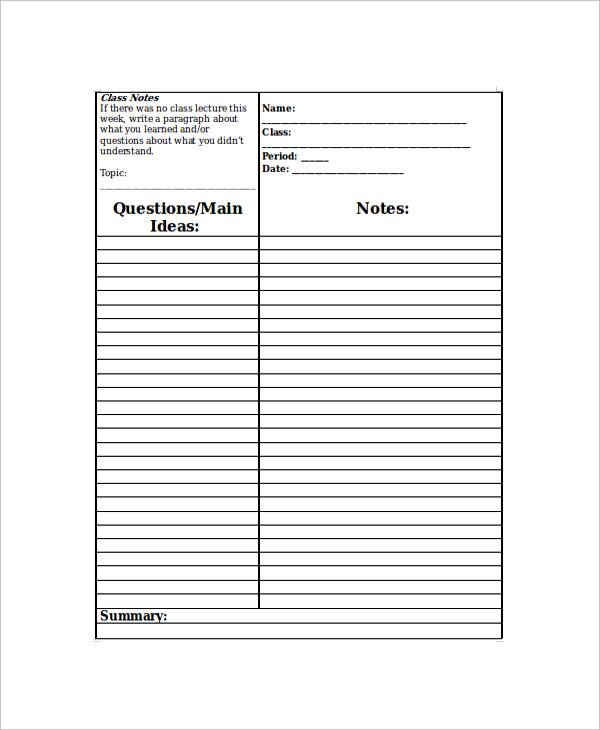 Cornell Notes Template Word Document