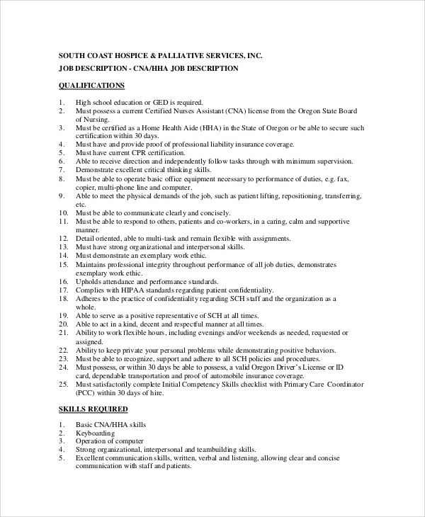 FREE 7 Sample CNA Job Duties In PDF MS Word