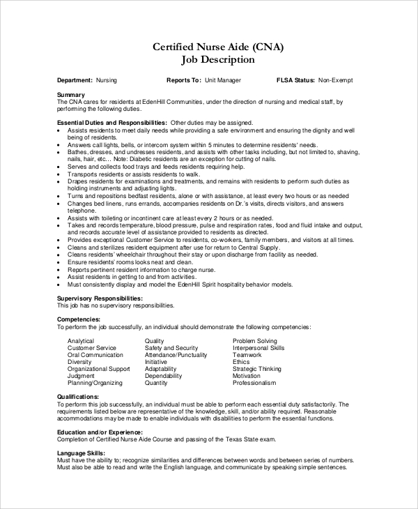 certified nursing assistant job duties resume