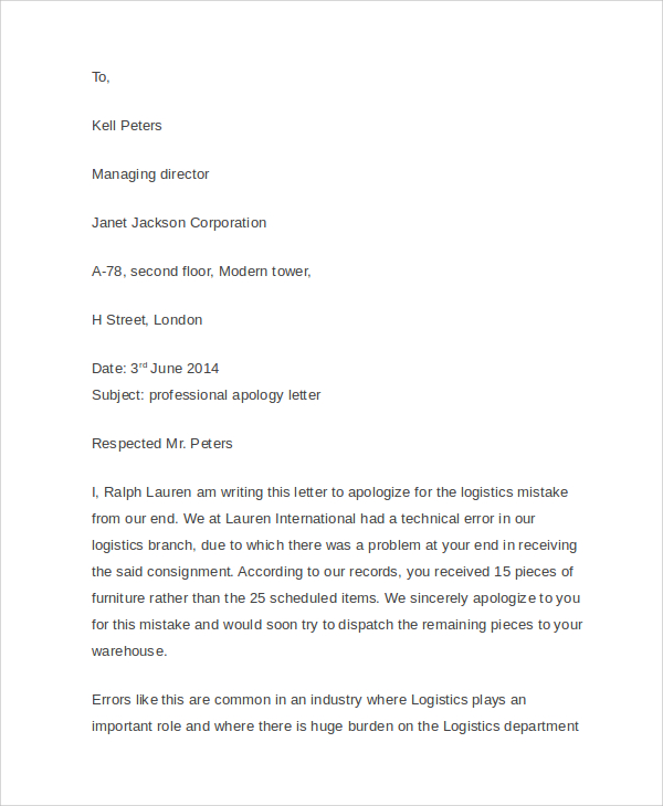 professional business apology letter