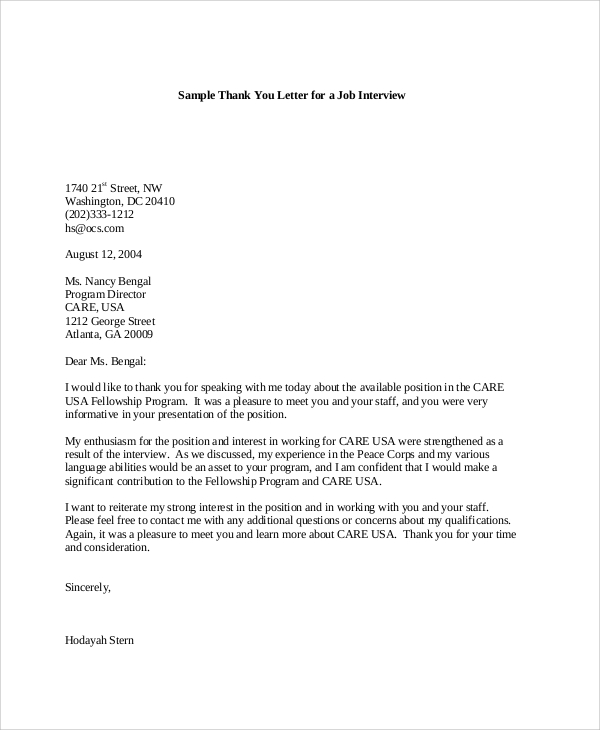 Sample Letter After Job Interview from images.sampletemplates.com