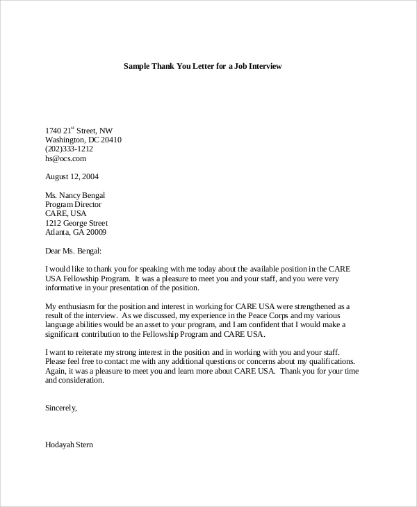 FREE 7 Sample Interview Thank You Letter Templates In PDF MS Word