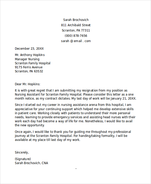 nursing assistant resignation letter