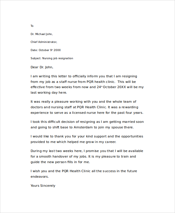 FREE 11+ Sample Nursing Resignation Letter Templates in PDF MS Word