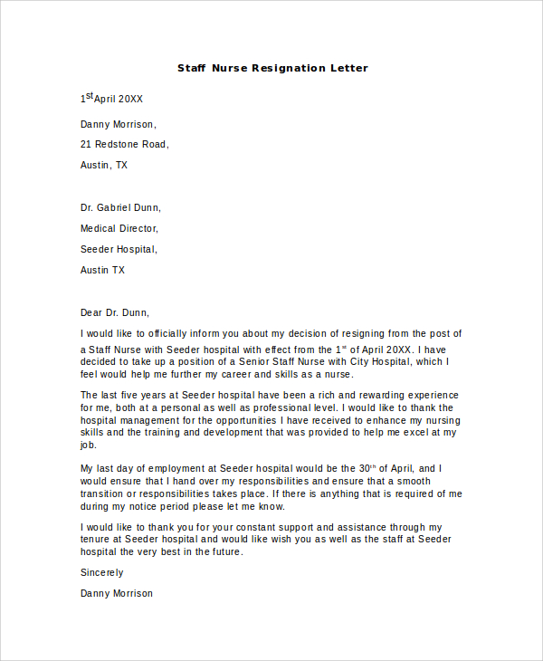 Registered Nurse Resignation Letter Sample Database - Letter Template