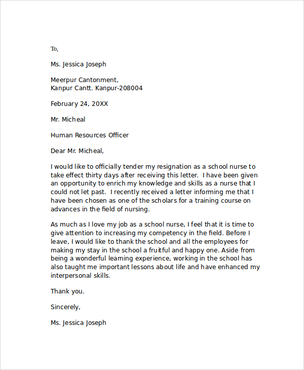 school nurse resignation letter