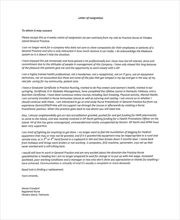 nursing resignation letter with notice