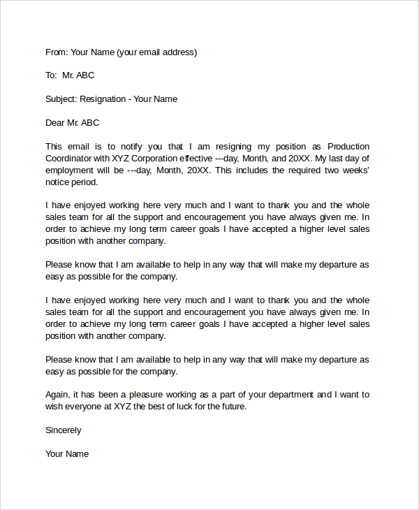 email formal resignation letter