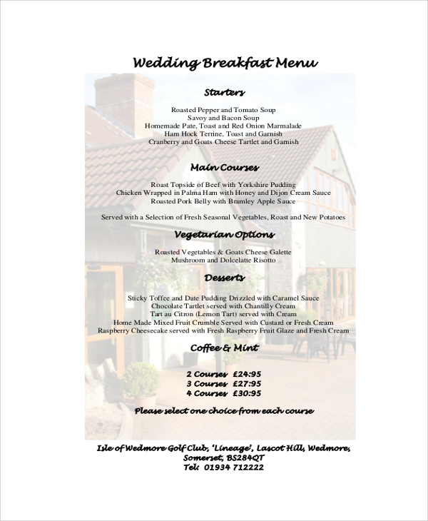 wedding breakfast menu sample