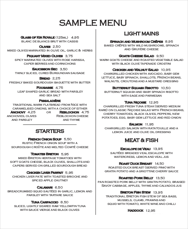 restaurant food menu sample