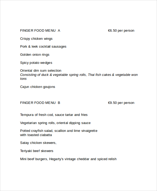 printable food menu
