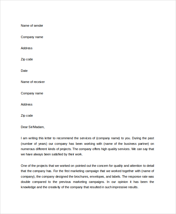 business associate reference letter