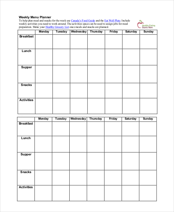 sample menu calendar