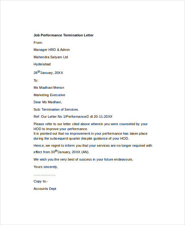 job performance termination letter