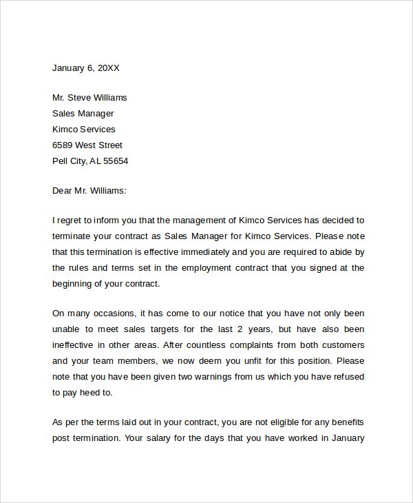 job termination letter due to lack of work