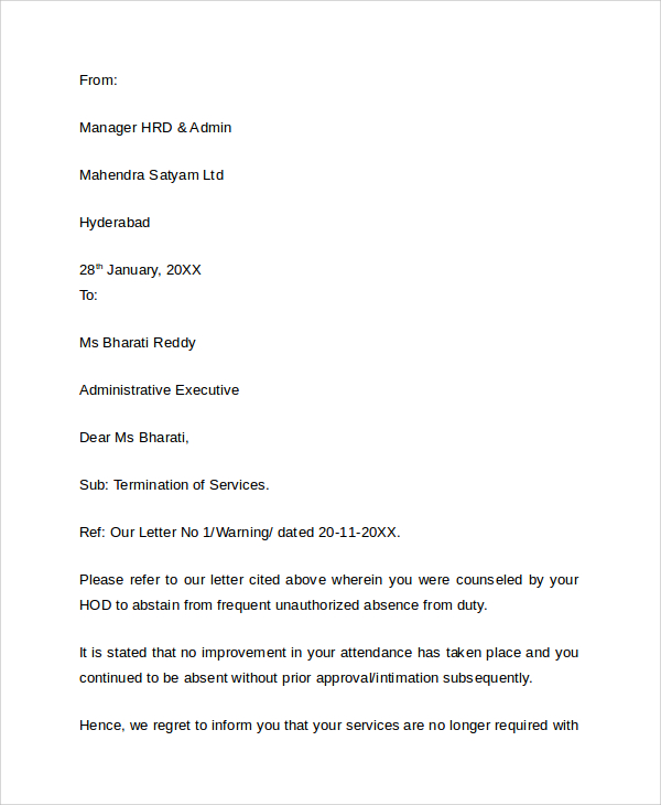 job termination letter sample