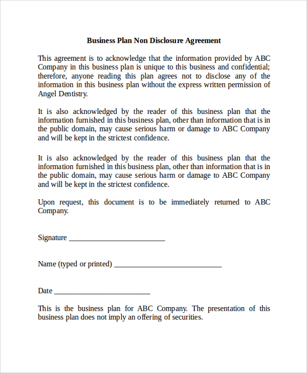 sample non disclosure agreement for business plan