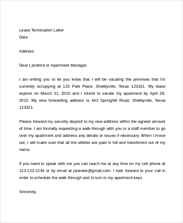 lease termination letter to landloard