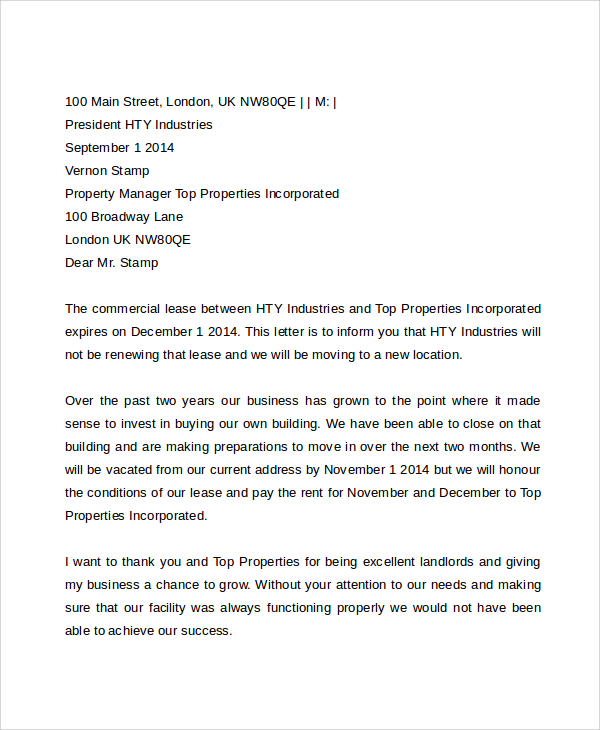 to template landlord notice letter 8  Termination  Letters  Sample Lease Templates Sample