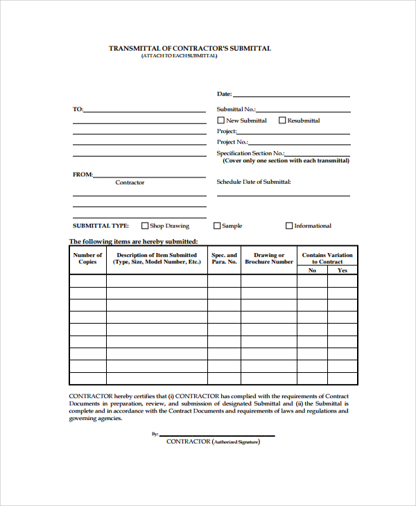 contractor submittal transmittal form