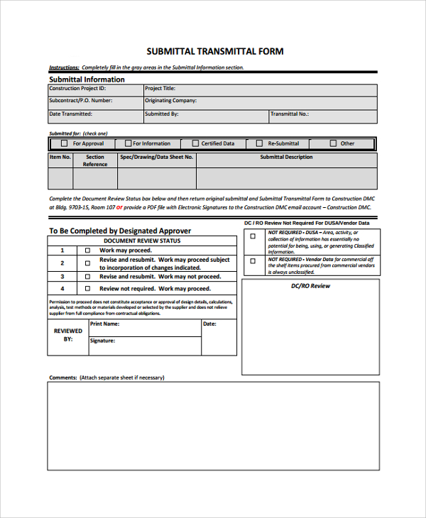 subcontractor submittal transmittal form