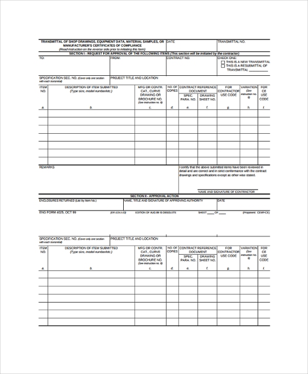 equipment submittal transmittal form